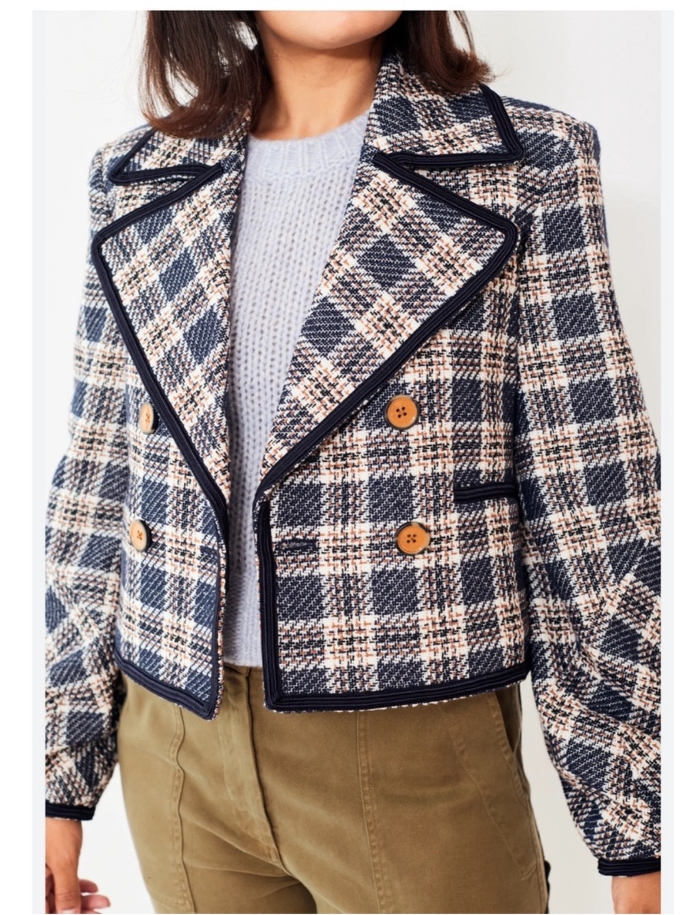 Veronica Beard Aise Navy and Cream Plaid Cropped Double-Breasted Blazer